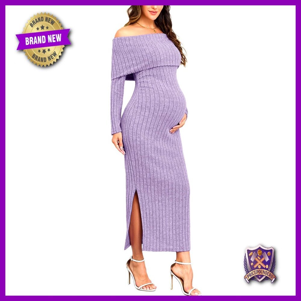 Maternity Sweater Dress Off Shoulder Long Sleeve Rib Knit Fitted Midi